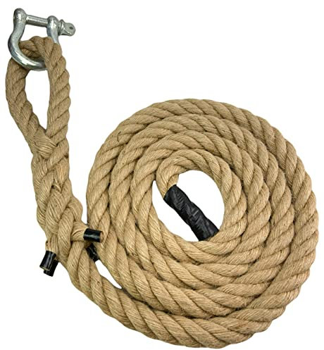 RopeServices UK 36mm Natural Jute Gym Climbing Rope x 4 Metres Complete With 6 inch Soft Eye & Shackle, Taped Other End