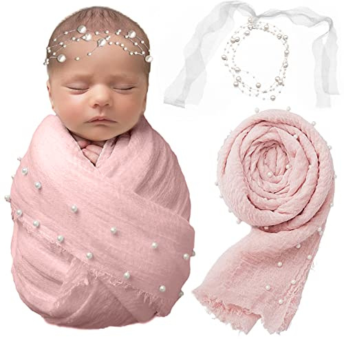 SPOKKI Baby Props Photo Props Handmade Pearl Wrap Blanket for Baby Photo Props with Pearl Headband 14x67 Inch Newborn Outfits for Photography Pink 2 Pack