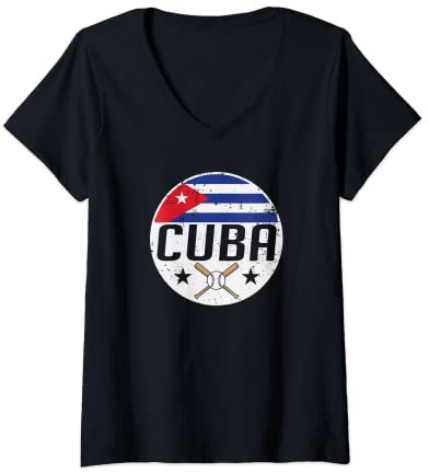 Damen Cuba Baseball Softball Bat Flag Jersey Fan Supporter Gift T-Shirt mit V-Ausschnitt