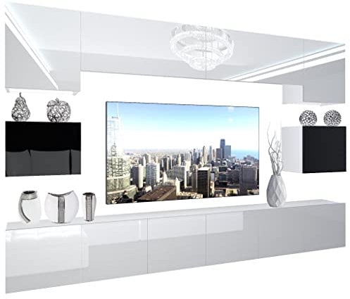 BELINI Wohnwand Vollausstattung Wohnzimmer-Set Moderne Schrankwand mit LED-Beleuchtung Anbauwand TV-Schrank Weiß/Schwarz