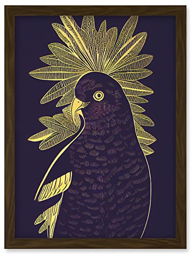 Wee Blue Coo Detailed Stylish Dark Deep Purple Yellow Gold Parrot Tropical Plant Illustration Artwork Framed Wall Art Print A4