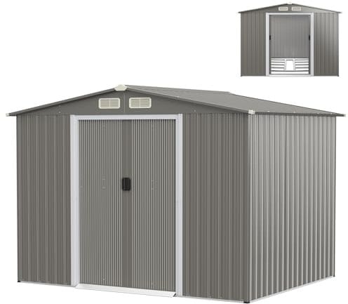 COSTWAY Abri de Jardin 4.7㎡en Acier Galvanisé Anti-UV, 260 x 207 x 181 CM, Cabane de Jardin Exterieur 9.7 m³ avec Fondation et Porte Coulissante, Rampe, 4 Trous d’Aération, 4 Gants Inclus, Gris