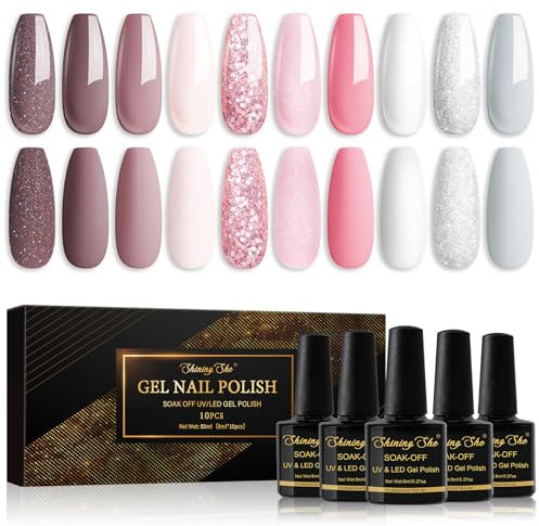 Shining She Gel Nail Polish, 10 Colours Pink White Grey Glitter Pastel Gel Polish Set Soak-Off UV/LED Nail Polish Gel Manicure for Nail Art Salon DIY Home, 8ML