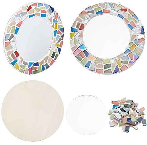 WEBEEDY 2 Set DIY Mirror Mosaic Kit for Adults Make Your Own Mirror, Mosaic Arts Crafts Kit with 16cm Mirrors, Wooden Chips, Mosaic Tiles, Mirror Wall Decor Mosaic Set Gift for Birthday Mother's Day