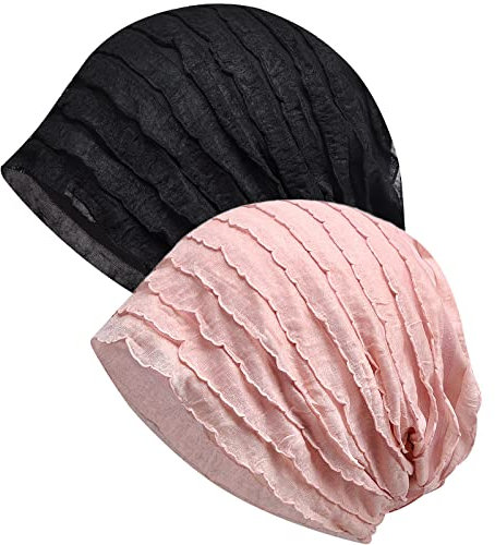 XYIYI Damen Mütze Chemo Hut Slouchy Kopfbedeckungen Kopf Wraps Krebshüte (2Stück Jalousien Schwarz-Rosa-BB)