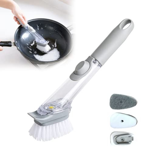Brosse à Vaisselle avec Manche, Brosse à Vaisselle éponge Brosse de Nettoyage avec Distributeur de Détergent, Têtes de Brosse Remplaçables pour Laver la Vaisselle, Nettoyer