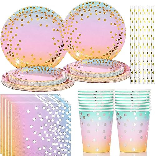 80Pcs Rainbow Colors Tableware Set for 20 Guests - Disposable Paper Plates, Napkins, Cups, Straws - Gold Dot Party Accessories - Neon Color Party Supplies