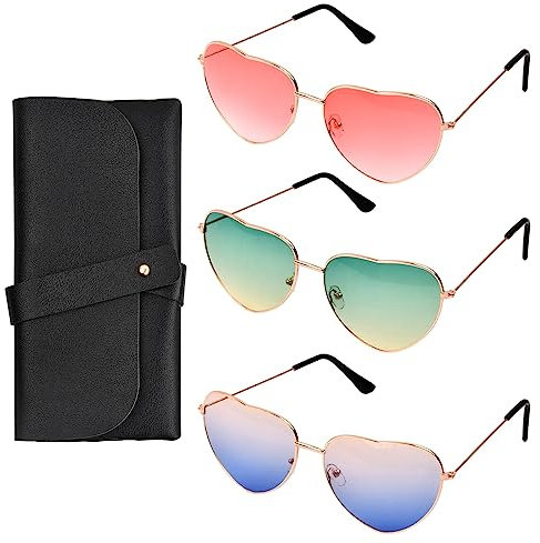 Pinsheng Heart Shape Hippie Glasses, 3 Pairs Retro Rose Gold Frame Sunglasses with 1 Glasses Case, Candy Color Vintage Glasses Lovely Street Shoot Party Glasses for Teen Girls Women