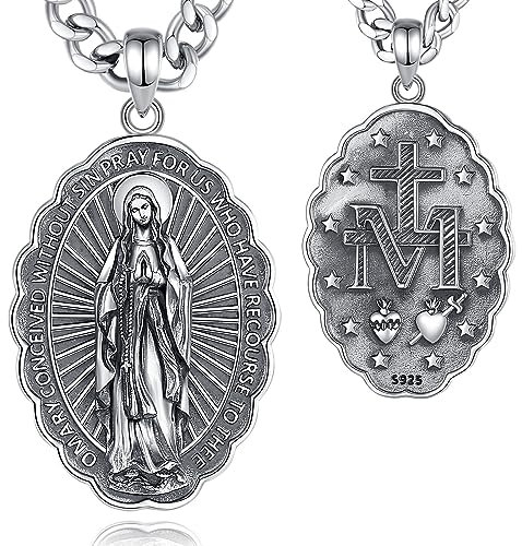 AEONSLOVE Jungfrau Maria Halskette Sterling Silber Virgen de Guadalupe Anhänger Madonna Wundertätige Medaille für Damen Herren Religiöse Amulett Schmuck Katholisch Christlich Geschenke