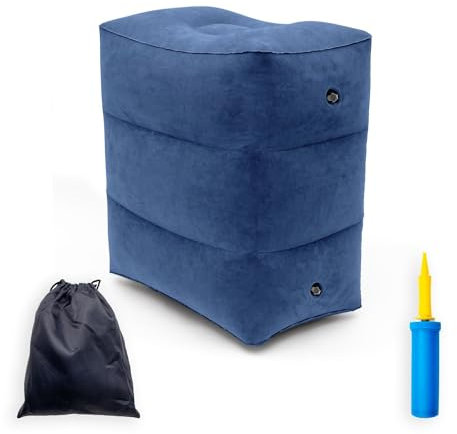 Intirilife Fußstütze Reise Hocker Kissen in Blau - 46 x 28 x 47.5 cm - Fuß Stützkissen Aufblasbar Faltbar mit Tasche und Luftpumpe für Unterwegs 3 Stufen Höhenverstellbar für Flugzeug Zug Auto Zuhause