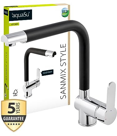 aquaSu® Spültischarmatur Sanmix Style, Einhebelmischer Wasserspar-Kartusche, Kaltstart-Funktion, Wasserhahn für Spüle, Auslauf schwenkbar, Befestigung von oben, Messingkern, chrom-schwarz, 795968
