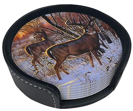 Untersetzer mit Hirschbildern für Getränke, 6 Stück, Leder-Untersetzer mit Halter, rundes Tassenmatten-Set für Zuhause und Küche, 9,9 cm