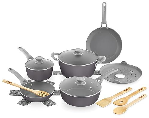 Dash Dream Green Kochgeschirr-Set aus recyceltem Aluminium, keramikbeschichtet, antihaftbeschichtet und induktionsgeeignet, leichte Küchenutensilien mit Silikongriffen, Schiefergrau, 15-teiliges Set