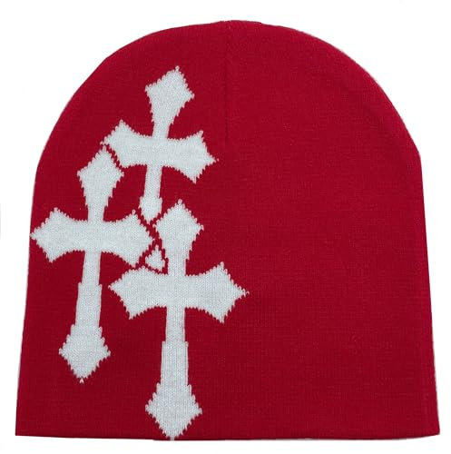 Y2K Strickmütze, Kreuzgrafik, für Herren und Damen, Jacquard-Mütze, Punk, einfarbig, Outdoor-Sport, Trend Beanie, Rot-Weiß, Einheitsgröße