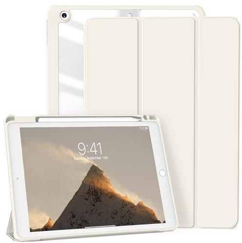 ZKTUYU Hülle für iPad 9. Generation 2021/iPad 8. Generation 2020/iPad 7. Generation 2019, Smart Folio Hülle mit Stifthalter für iPad 10,2 Zoll, Transparente Rückseite, Auto Schlafen/Wachen, Weiß