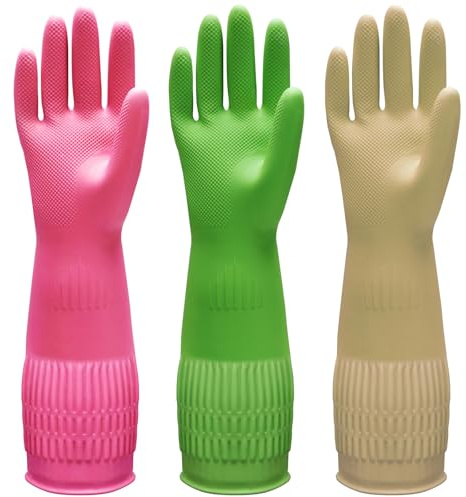 Bamllum 3 Paar Gummi-Geschirrspülerhandschuhe für Küche und Haushaltsreinigung – lang, wiederverwendbar, langlebig und wasserdicht (rot+gelb+grün, Medium)