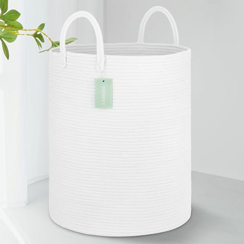 BOSROTY Large Blanket Basket, Tall Laundry Hamper 65L, Nursery Basket with Handles for Storage Toys Clothes Towels, Cotton Rope Woven Organiser, 40 x 50 CM, White