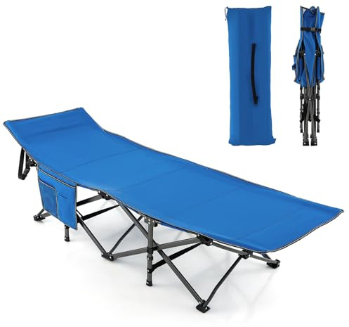 SOARS Feldbett klappbar, Campingbett mit Seitentasche & Tragetasche, Stabiles Gästebett bis 272kg belastbar, Gartenliege aus Metallrohr & Oxfordgewebe, Relaxliege für Outdoor, Indoor (Blau)