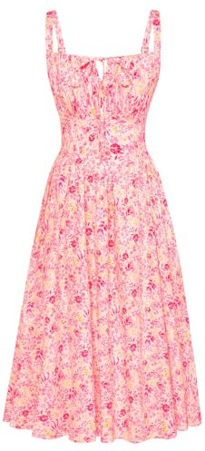 SCARLET DARKNESS Robe d'été victorienne décontractée sans manches avec bretelles spaghetti pour femme - Robe florale pour l'été, la plage, Motif floral rose et jaune, L