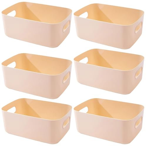 EURXLQ 6 stück Beige Aufbewahrungsbox Kunststoff Aufbewahrungskorb mit Griffen 25×17×10cm,Badezimmer Organizer Küchenschrank Organizer Box Körbe Aufbewahrung Kunststoffbox für Regal