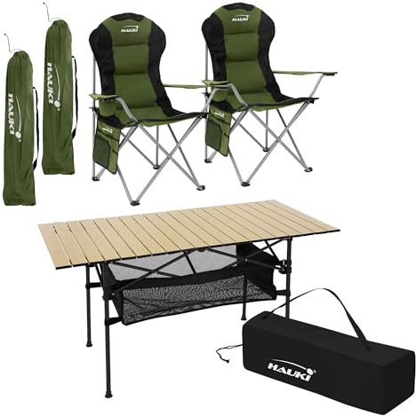 Hauki Campingmöbel Set 3tlg. Campingtisch faltbar Beige mit 2 Campingstühlen Khaki, Camping-Set für 2 Person mit Tragetasche, Alu Klapptisch mit 2 Angelstuhl, Sitzgarnitur Sitzgruppe Gartenmöbel
