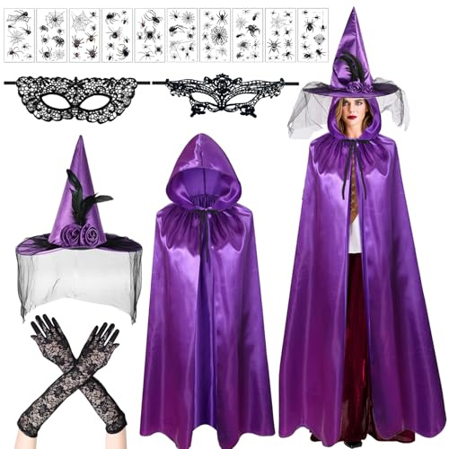 Meanju Mantello Viola con Cappuccio 16 Pezzi, Mantello da Strega, Guanti da Strega, Cappello da Strega, Mantello Medievale con Cappuccio, Costume da Vampiro, Costume di Halloween Carnevale da Donna | Cappello da Strega, Mantello Medievale con Cappuccio, Costume da Vampiro, Costume di Halloween Carnevale