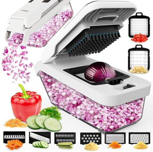 Fullstar 8-in-1 Vegetable Chopper with Container, Mandoline Slicer, Onion & Cheese Slicer, Stainless Steel Blades, White