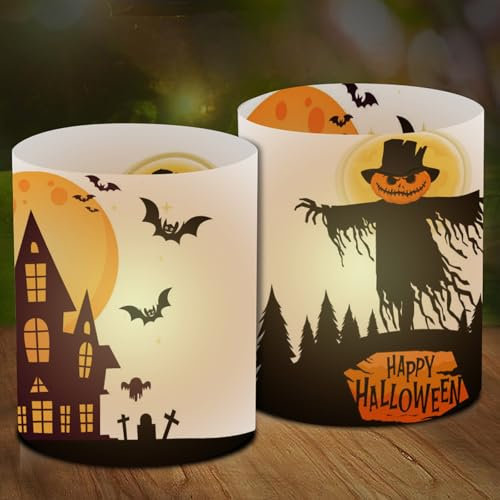 Uixxducc 12pcs Windlicht Tischdeko, 2024 Vogelscheuche Halloween Fledermaus Teufel Kürbis Kerzenschirm Halloweendeko tischdeko Kerzen, Geeignet für Teelichter oder Kerzen (A)