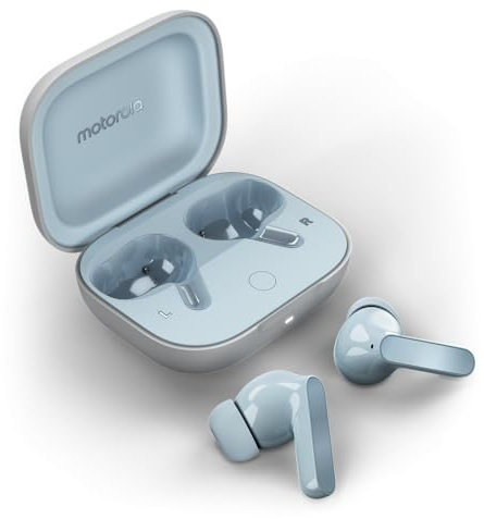 Motorola Moto Buds, Auriculares inalámbricos, Sonido inmersivo con Dolby Atmos, reducción de Ruido, autonomía de 42 Horas, 3 micrófonos, Azul Cielo [versión Francesa]