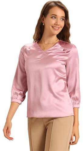 Allegra K Chemisier en Satin pour Femmes décontracté Solide à Manches Longues et col en V Rose M
