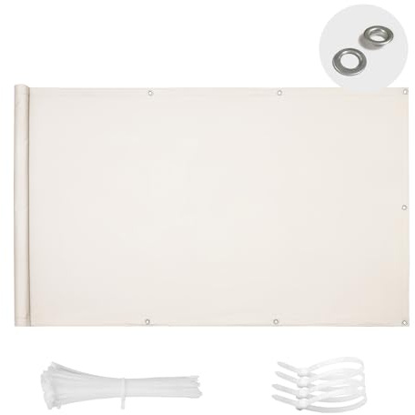 SUN BLOCK Balkon Sichtschutz 90x800cm Balkonabdeckung PES UV-Schutz balkonschutz wetterfest,mit Kabelbinder,Cremeweiß