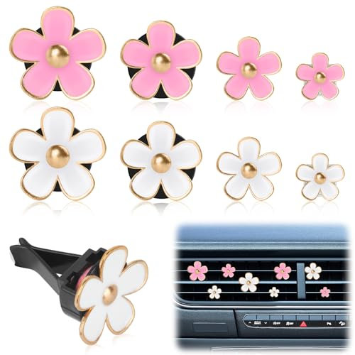8 Stück Gänseblümchen Blume Auto Lufterfrischer Clip,Blume Auto Lufterfrischer Clip,Gänseblümchen Auto Diffuser mit 2 Packungen Dufttabletten,Auto Duft Clip für Auto, Büro, Zuhause (Weiß, Rosa)