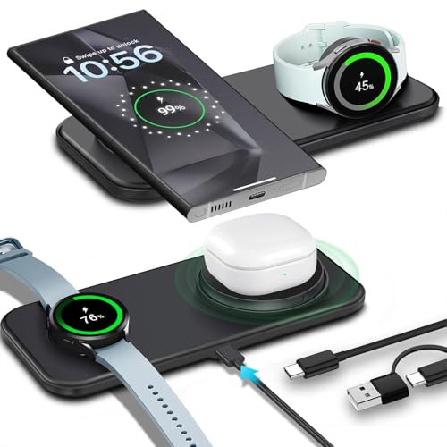 Wireless Charger Pad for Samsung 2 in 1 Wireless Charging Station Compatible with Galaxy Watch Ultra/7/6/5/4/3 Series,Galaxy S25 S24 S23 S22 S21 S20 Note20, Z Flip/Fold 6 5 4 3 2,Galaxy buds 3 pro