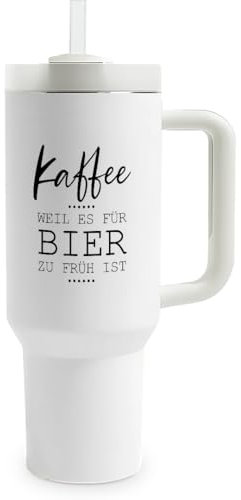 Prozente Momente Kaffee. Weil es für Bier zu früh ist - Thermobecher | 1,2 Liter Fassungsvermögen | inkl. Trinkhalm | hochwertig | lustige Motive | doppelwandiger Becher To Go