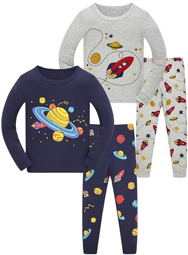 SOIBEEN Pyjamas for Boys Space Planet Nightwear Cotton Toddler Clothes Kids Sleepwear Long Sleeve PJs Set 4 Piece Outfit Xmas Gift 5 Years