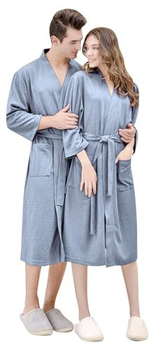 Damen-Bademantel aus Waffel-Baumwolle, weiches Waffelgewebe, Lounge-Kleid für Damen, leichter Kimono-Stil, bequemer und gemütlicher Damenmantel mit Gürtel, elegante Waffelstrick-Nachtwäsche, blau, M