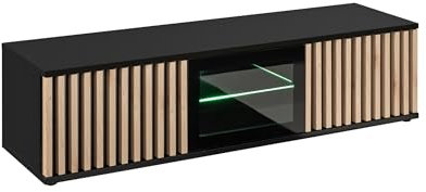 Deconation Meuble TV avec Vitre en Verre Cameron - Noir/Beige - L 160 X H 42 X P 45 Cm