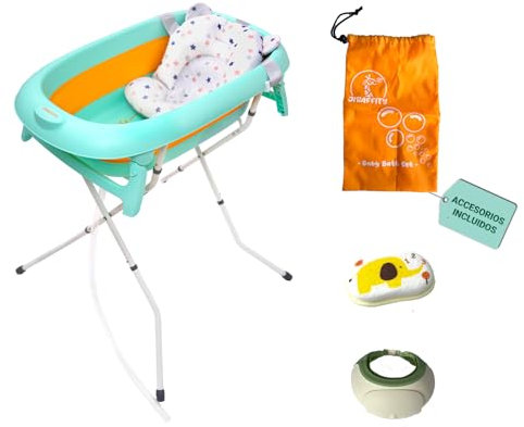 JIRAFFITY | Baignoire pliable bébé sur pied – baignoire bébé avec support stable, coussin ergonomique, bouchon thermosensible et accessoires – baignoire pliante pour nourrissons et enfants 0–3 ans