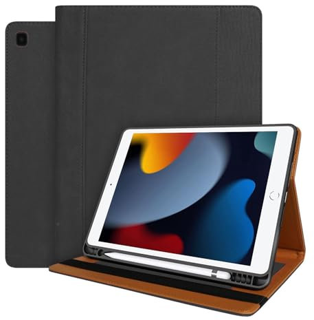 World biz Custodia in pelle per iPad 10.2, adatta per iPad 9a generazione/iPad 8a generazione (2020)/7a generazione (2019), custodia in pelle di alta qualità con tasca e portapenne, spegnimento
