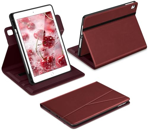 DTTO Funda para iPad 6ª/5ª generación de 9.7 pulgadas (2018/2017), iPad Air 2 / Air 1, rotación de 360 grados, funda de piel con soporte para lápices, color rojo burdeos