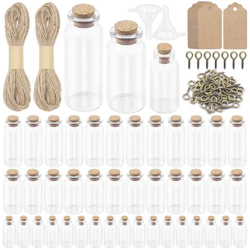 Rustark 148Pcs 3 Sizes Glass Bottles DIY Mini Glass Vials Small Jars with Cork Stoppers Eye Screws Funnels Tiny Potion Bottle for Wedding Favors Halloween Decorations DIY Crafts Gift