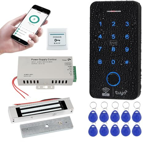 FUSYTULY Sistema de Control de Acceso WiFi Tuya Teclado Biométrico RFID IP68 Impermeable 125KHz 13,56 MHz Cerradura de Huellas Dactilares + Cerradura Electromagnética 180KG + 10 Tarjetas