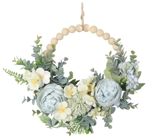 Ghirlande primaverili per porta d'ingresso, 14x9 ghirlanda blu floreale vitale con perle di legno, fiori e foglie verdi, ghirlanda della porta appesa per decorazioni per finestre a parete, ghirlanti