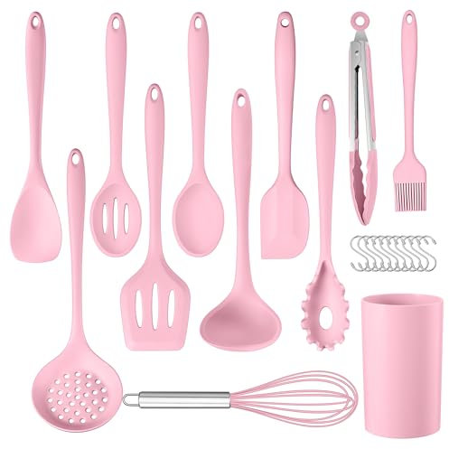 Herogo Küchenhelfer Set, 22-teiliges Silikon Kochutensilien Set mit Utensilienhalter, Hitzebeständiger Kochbesteck Küchenutensilien, Gesund & Antihaft, Spülmaschinenfest, Pink