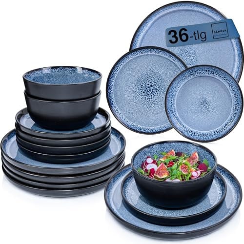 SÄNGER Aruba | Steingut Geschirr Set 36 tlg, Teller Set 12 Personen, Geschirrset 12x Speiseteller 12x Müslischalen 12x Dessertteller, Tafelservice blau mit schwarzem Rand kratzfest | VALUE COLLECTION