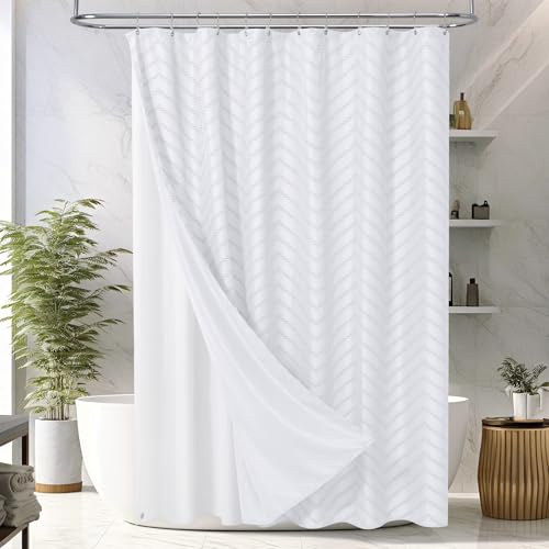 ROLIZOE 3-in-1 Boho Shower Curtain Set – Tufted Chevron Striped Fabric, TPU-Coated Waterproof Liner, Modern Minimalist Bathroom Decor, Machine Washable, 72 x 72, White