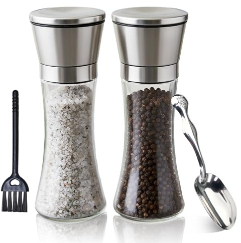 2 Flaschen Salz Und PfeffermüHle 200 Ml Langlebig Und RostbestäNdig SalzmüHle FüR Grobes Salz Einstellbar Rutschfest Versiegelt PfeffermüHle Mit ReinigungsbüRste Und EinfüLllöFfel