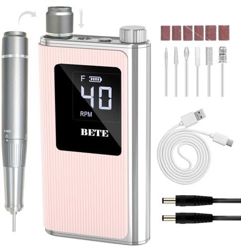 BETE Professional Nail Drill, 40000 RPM Cordless Electric Nail File Kit with 6 Bits, Rechargeable Efile for Acrylic Gel Nails Polishing, Manicure Tools for Salon Home Use, Pink