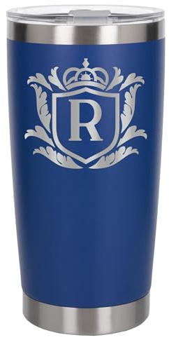 Customised Gifts 500ml Engraved Shield Initial Monogram Insulated Personalised Dark Blue Travel Mug for Men and Women - Personalised Initial Coffee Travel Mug for Hot and Cold Beverages, Letter R