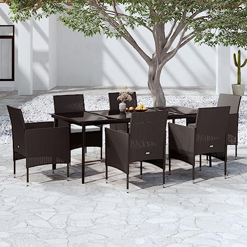 QJBSAVVA 7-teiliges Garten-Essgruppe 200 x 100 cm Schwarz PE-Rattan Tisch mit 6 Klappstühlen & Kissen Modernes Lounge-Set für Balkon Terrasse Camping und Outdoor-Sitzgruppe